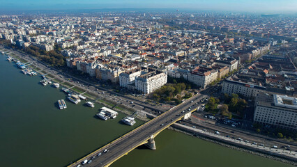 Fototapeta premium Aerial view around the old town and capitol city Budapest in Hungary beside the Danube river on a sunny late summer day
