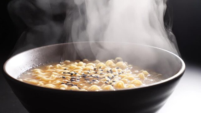 A steaming bowl of noodles with sesame seeds being poured with a savory broth