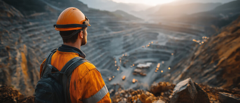 Mining Engineer Surveying Open Pit Mine: A mining engineer in an orange hard hat and safety vest surveys a vast open-pit mine from a high vantage point.