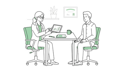 Fototapeta premium Medical consultation vector illustration, female doctor showing test results on tablet to patient, healthcare professional explaining diagnosis in clinic