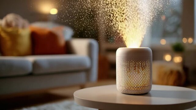 Aromatherapy Diffuser in Cozy Living Room: A stylish aromatherapy diffuser emits a fine mist of fragrant particles, creating a tranquil and inviting ambiance in a softly lit, modern living room.
