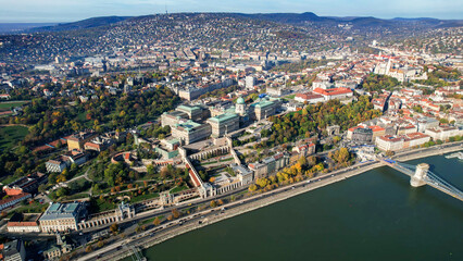 Obraz premium Aerial view around the old town and capitol city Budapest in Hungary beside the Danube river on a sunny late summer day