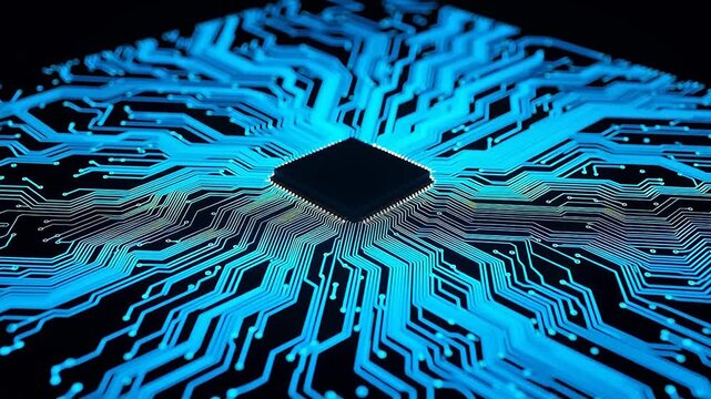 Closeup of glowing blue circuit board