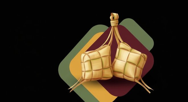 Two woven rice dumplings hanging with abstract geometric background