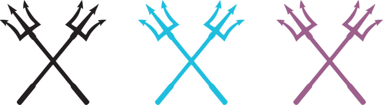 Mythological crossed trident symbols icon set, vector illustration collection inspired by ancient legends, sea gods, fantasy emblems and heraldic design elements.