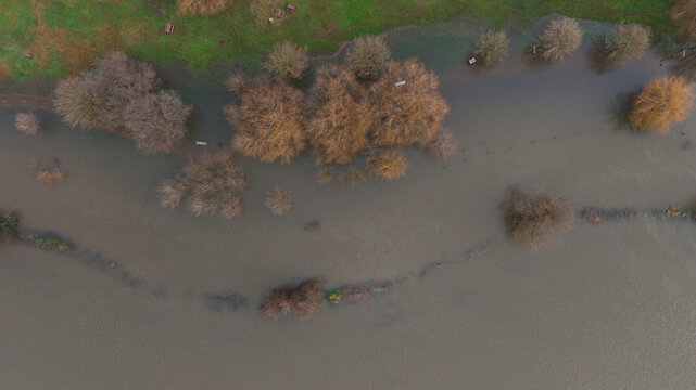 Drone Shot of Massive River Overflow and On a Urban city Park