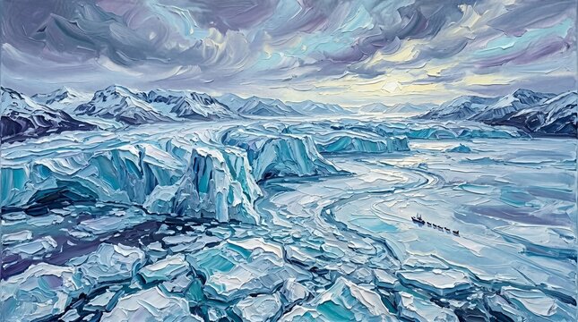 Impressionist Oil Painting of Icy Alaska Wilderness with Massive Glaciers
