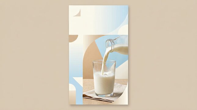 Fresh milk pouring into a clear glass on a linen napkin, a simple, healthy beverage concept.