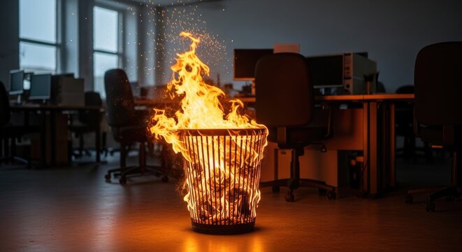 Metal Trash Bin on Fire Indoors in Office Workspace