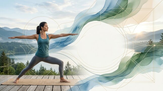 Young woman in activewear practicing warrior II pose on wooden deck by lake