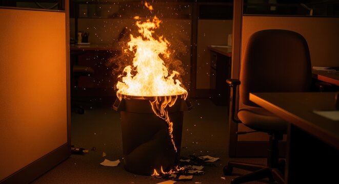 Metal Trash Bin on Fire Indoors in Office Workspace
