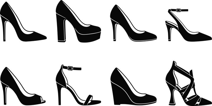 Set of High Heel Silhouettes Featuring Stilettos, Platform Pumps, Slingback Heels, Peep-Toe Sandals, Wedge Heels, and Strappy Designs