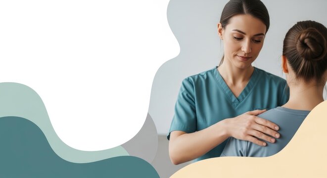 Young female healthcare professional with hands on patient's shoulder in clinic setting