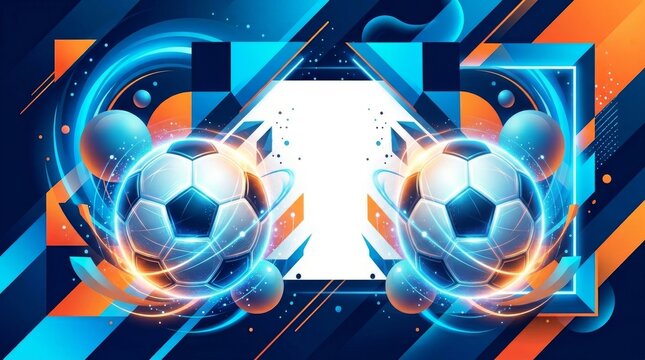 Dynamic soccer balls with glowing energy trails against abstract geometric background