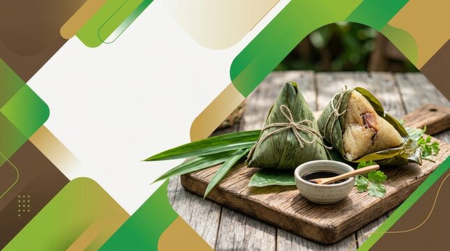 Wrapped zongzi on wooden board with dipping sauce, outdoor setting.