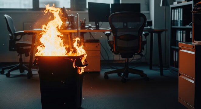 Metal Trash Bin on Fire Indoors in Office Workspace