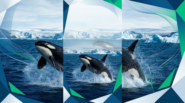 Orca whales breaching from dark blue water with icy cliffs in the background, polar marine wildlife.