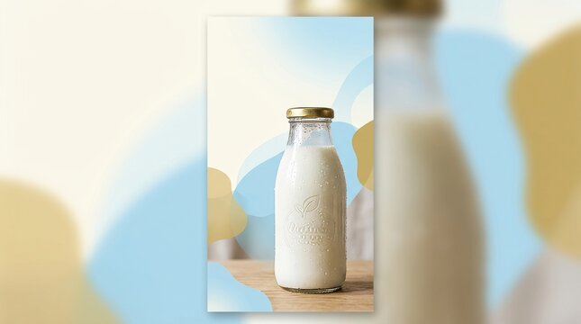 Glass milk bottle with condensation on wooden table, abstract background