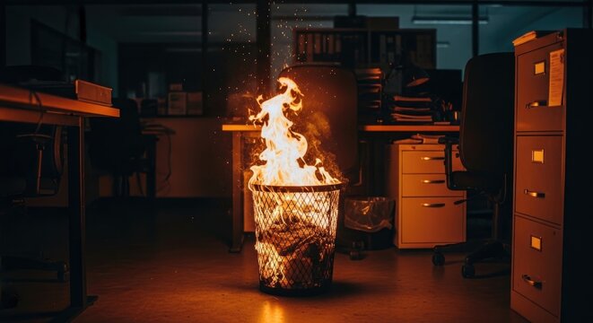 Metal Trash Bin on Fire Indoors in Office Workspace