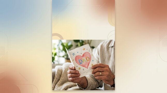 Elderly man in casual clothing holds a child's drawing card for Father's Day at home