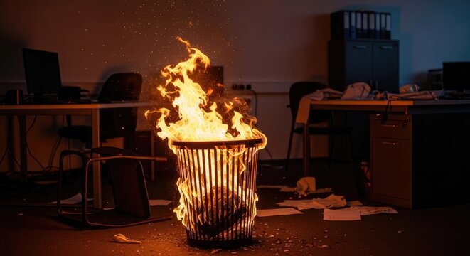 Metal Trash Bin on Fire Indoors in Office Workspace