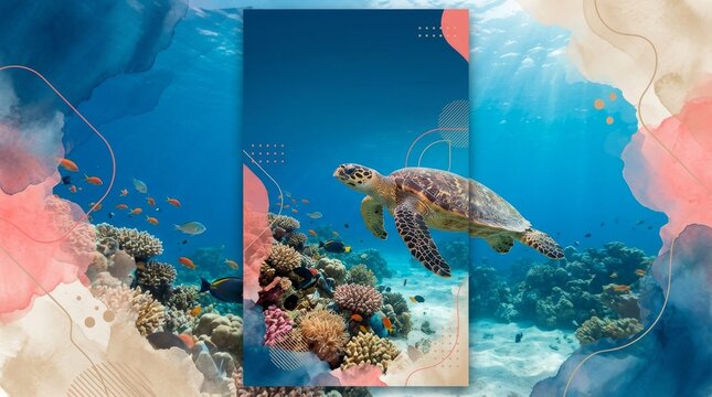 Sea turtle swimming gracefully through a vibrant coral reef teeming with colorful fish in a sunlit ocean environment.