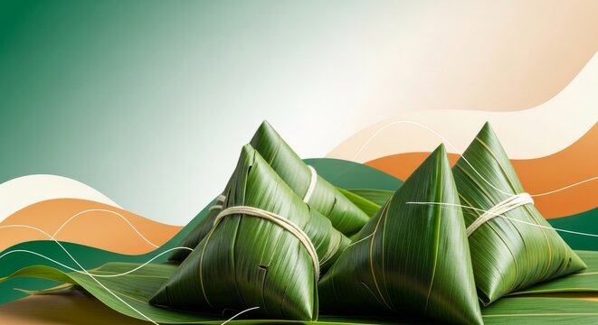 Group of fresh green zongzi on bamboo leaves, festive food pyramid, food photography.
