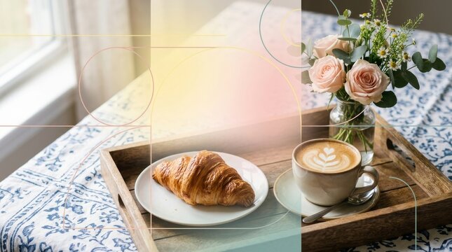 A French croissant and latte are presented on a tray with flowers