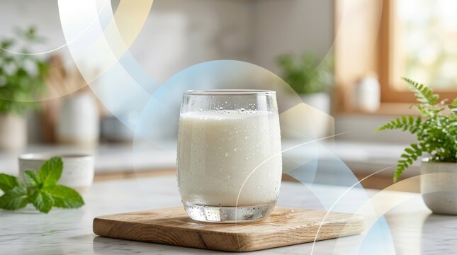 Glass of fresh milk condensation on cutting board in bright kitchen