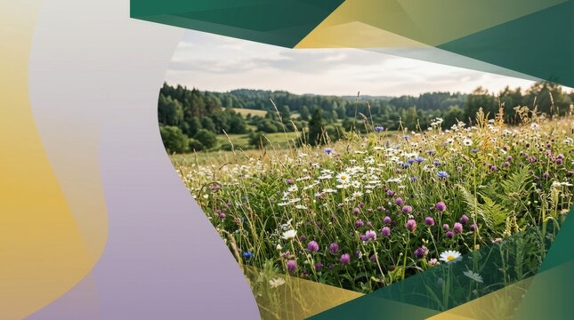 A vibrant meadow of wildflowers and clover under a cloudy sky, with a forest backdrop.