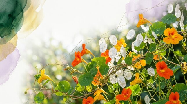 Vibrant nasturtiums and honesty flowers bloom in a sun-drenched garden with artistic watercolor splashes.
