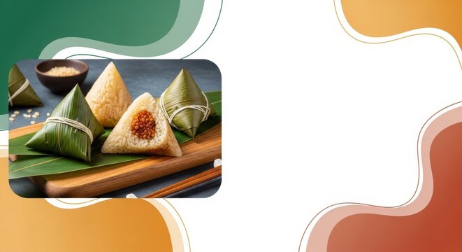 Triangle-shaped rice dumplings wrapped in green leaves are arranged on a wooden board.