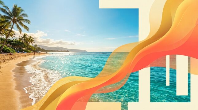 A tropical beach with clear blue water and palm trees, overlaid with abstract wavy shapes.