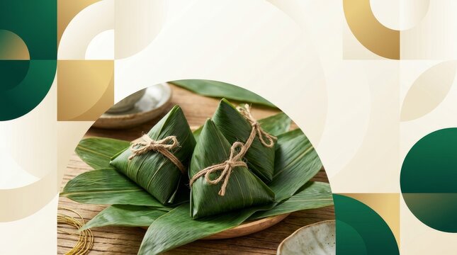 Traditional Chinese Zongzi dumplings wrapped in green leaves, presented on a wooden table with a subtle graphic background.
