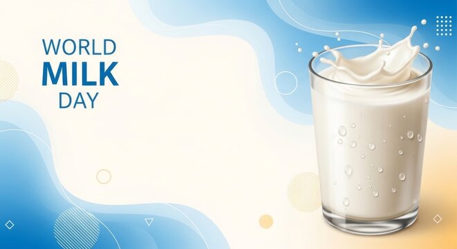 World Milk Day announcement with dynamic splash in a clear glass of milk. Abstract fluid background with geometric shapes.