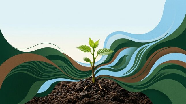 Green sprout emerging from dark soil against a background of abstract colorful waves and sky