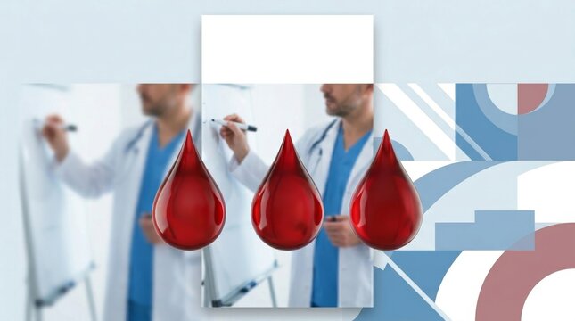 Male doctor in scrubs and lab coat draws on whiteboard with blood drops