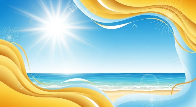 Abstract wavy golden and blue frame around sunny beach and ocean.