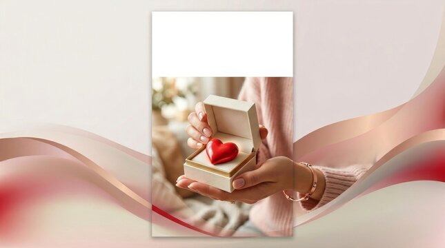Woman's hands holding open jewelry box with red heart inside, romantic gift presentation