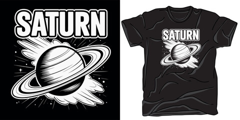 Artistic monochrome illustration of planet saturn with stylized rings and cosmic rays for space themed apparel and fashion merchandise design. © TShirt Vector Hub