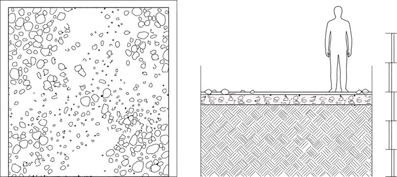 Cross section of a gravel path construction with top view and human scale reference