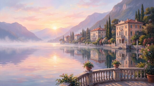 Impressionist Oil Painting of Lake Como at Sunrise with Elegant Italian Villas