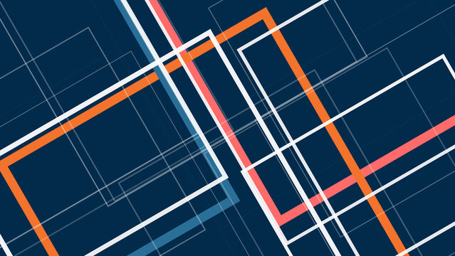 Abstract geometric city grid fills the frame with glowing orange and white lines across deep blue layers, creating a modern, techy mood for backgrounds and motion design.