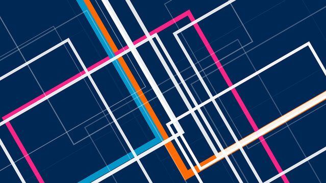 A crisp geometric tech grid filled with neon magenta, cyan, and orange stripes creates a high-energy, futuristic mood for digital design, branding, and presentations.