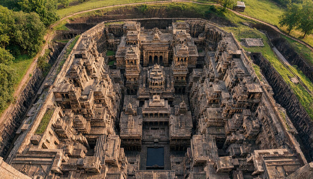 Aerial view of the kailasa temple at ellora caves in india, a massive monolithic rock-cut structure carved from a single mountain