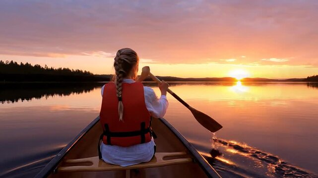 Woman Paddling Canoe on Lake During Sunset