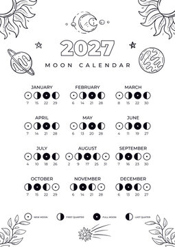 Hand drawn monthly moon calendar 2027