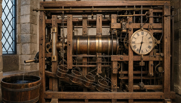 Antique wooden clockwork mechanism with brass gears and a water-powered bucket system inside a historic stone building with windows