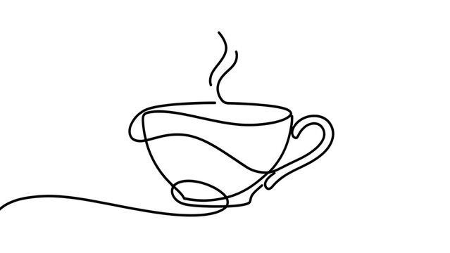 Minimalist line art illustration of a coffee cup steaming.