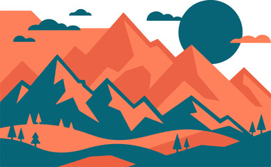 Fototapeta premium Mountain Landscape Vector Illustration with Sunset Sky Snow Peaks Desert Hills River Water and Nature Travel Silhouette Design